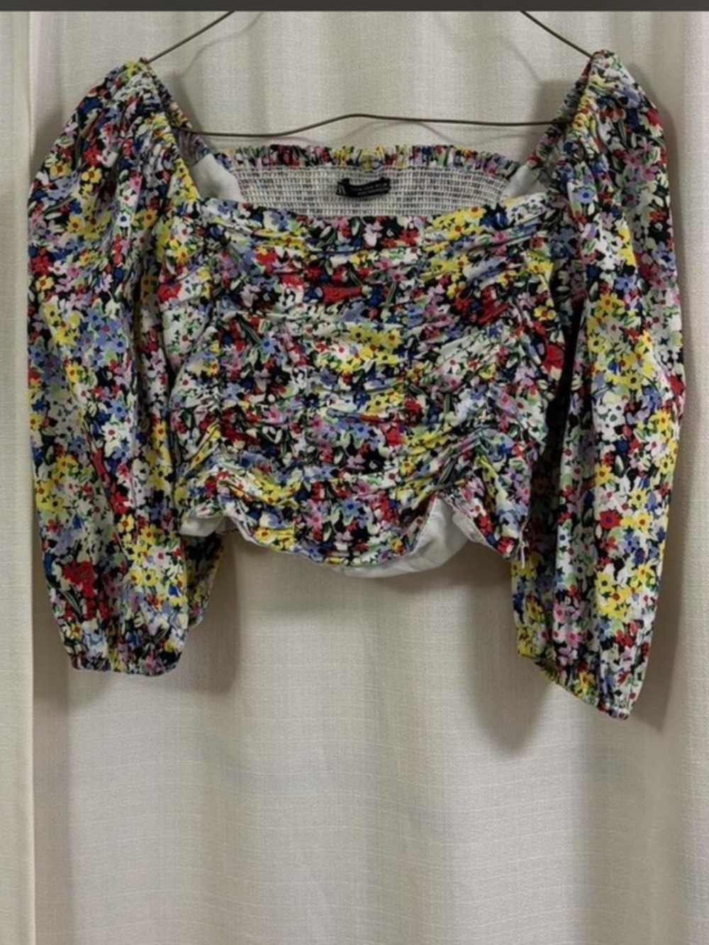 Zara Floral Ruched Puff-Sleeve Crop Top - Multicolor size M